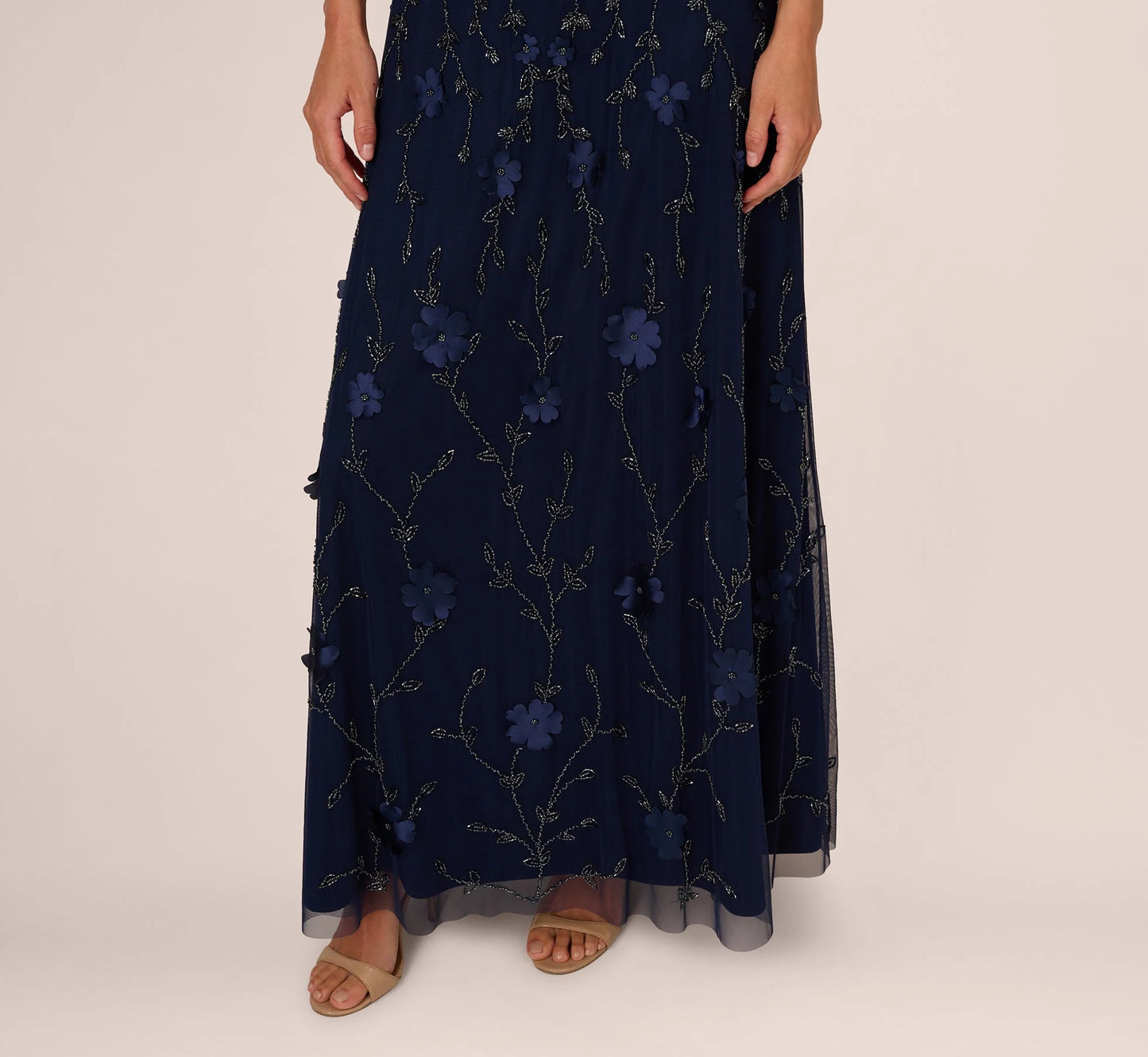 Sleeveless Illusion 3D Petal Beaded Gown In Light Navy