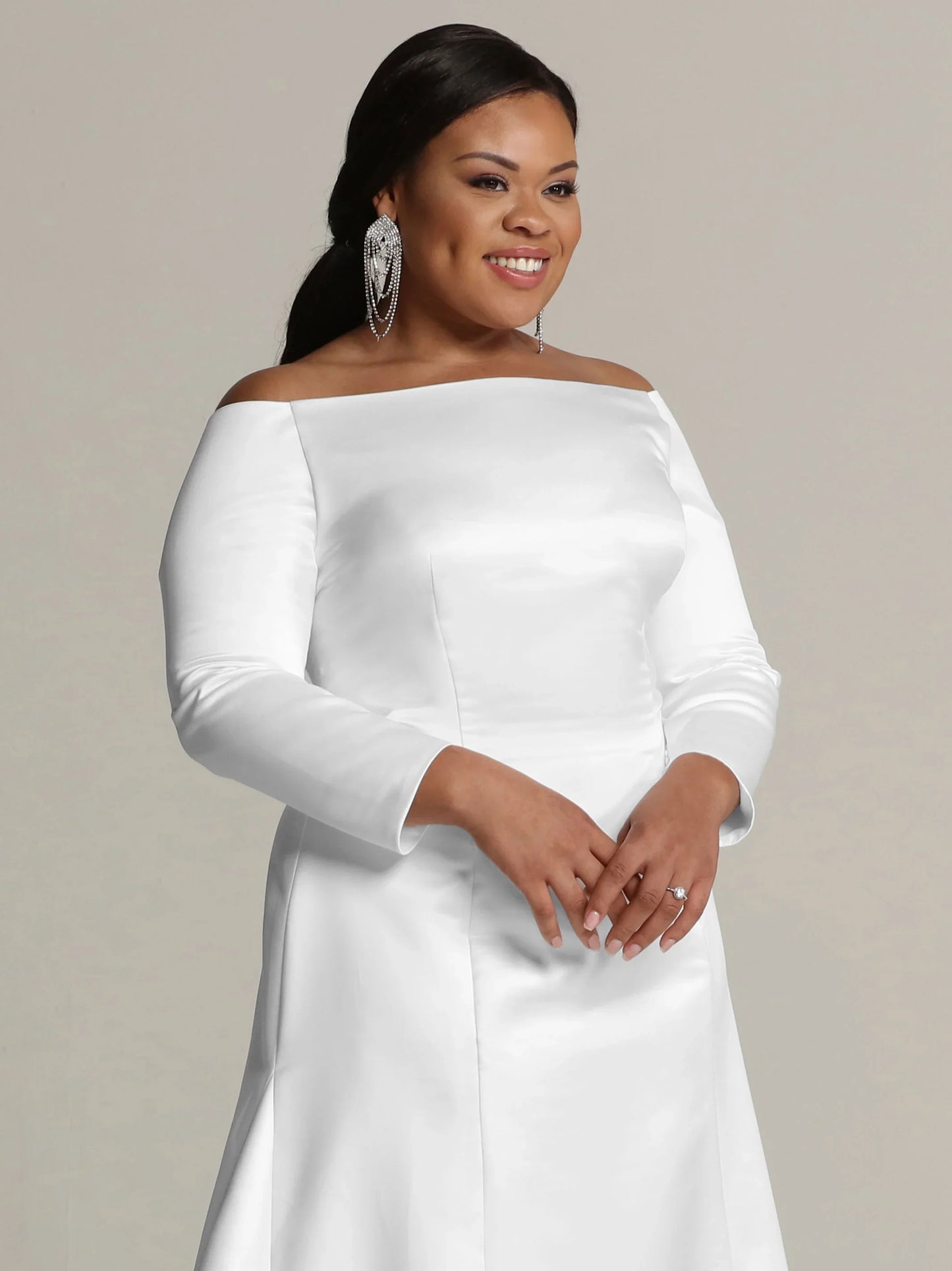 SATIN FIT AND FLARE WEDDING DRESS WITH LONG SLEEVES