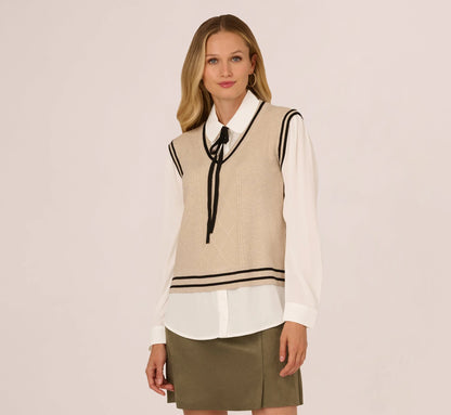 Long Sleeve Tie Neck Sweater Vest Twofer Top In Neutral Black
