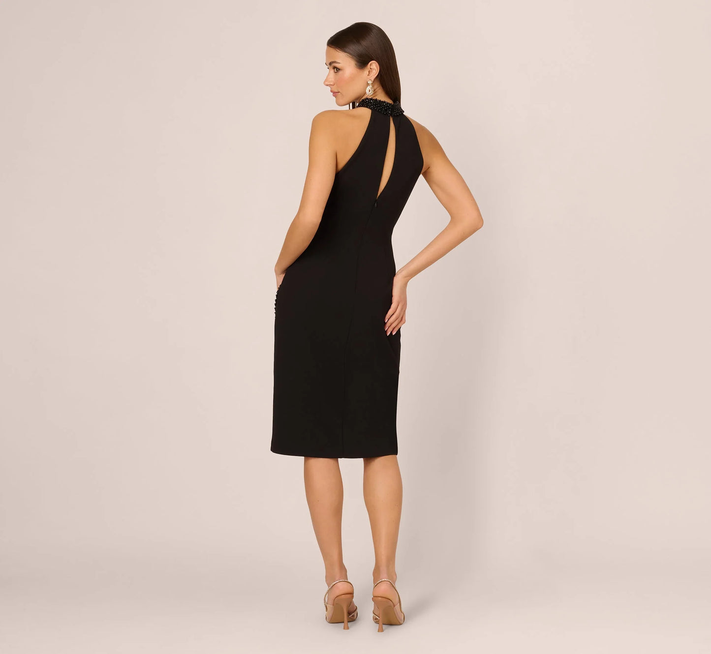 Beaded Detail Halter Midi Sheath Dress In Black
