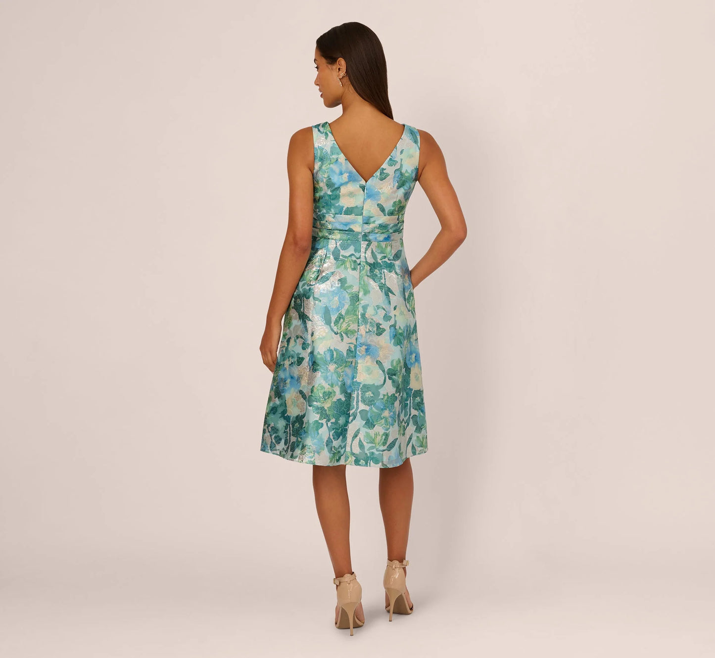 Metallic Floral Jacquard Midi Dress In Blue Multi