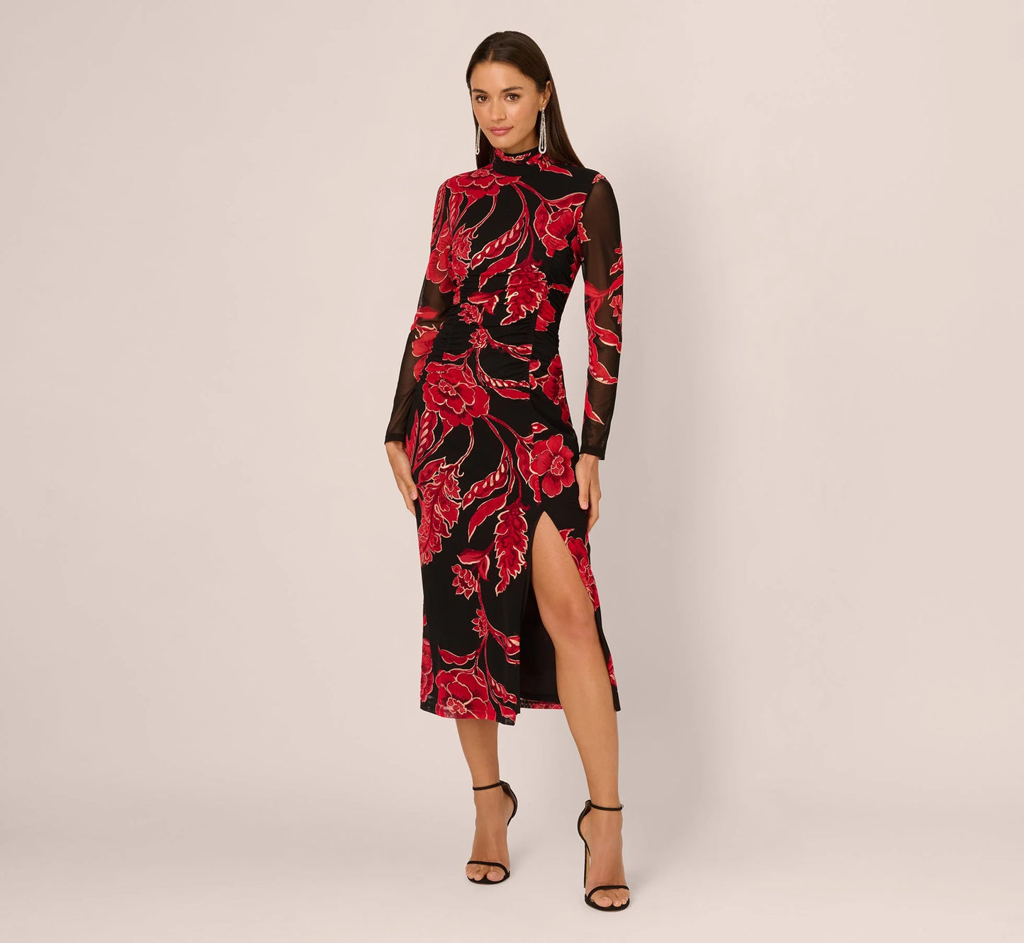 Long Sleeve Floral Mesh Bodycon Midi Dress In Black Multi