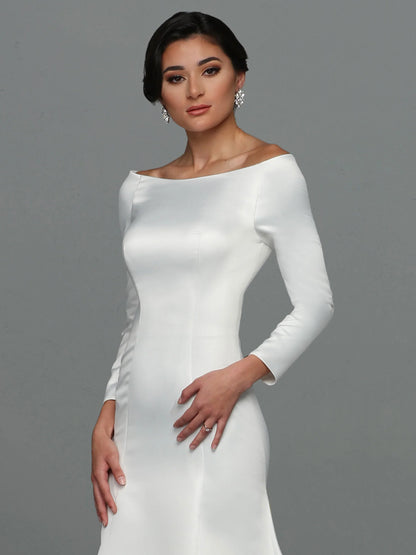 SATIN FIT AND FLARE WEDDING DRESS WITH LONG SLEEVES