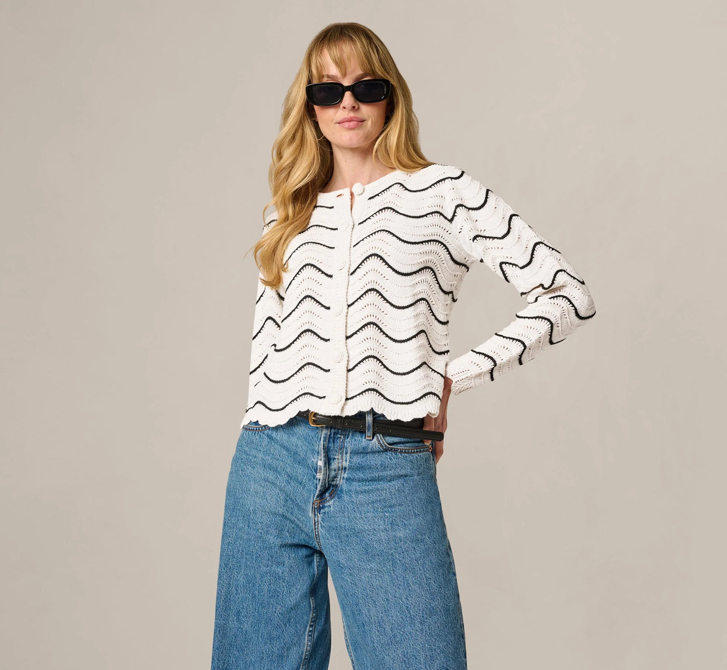 Open Pointelle Scalloped Cardigan Sweater In Glacier Black
