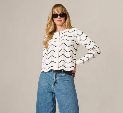 Open Pointelle Scalloped Cardigan Sweater In Glacier Black