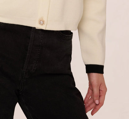 Long Sleeve Bow Collar Cardigan Sweater In Ivory Black