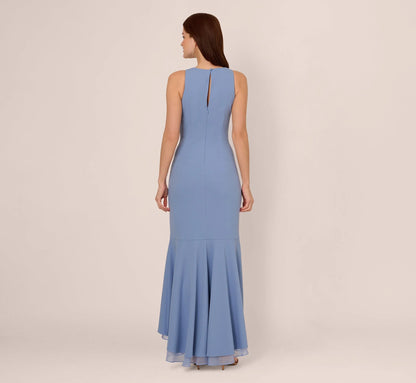 High Low Crepe Halter Gown With Organza Draping In French Blue