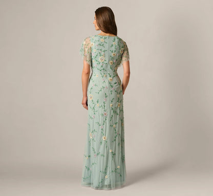 Flutter Sleeve Beaded Wrap Dress In Aqua Dust