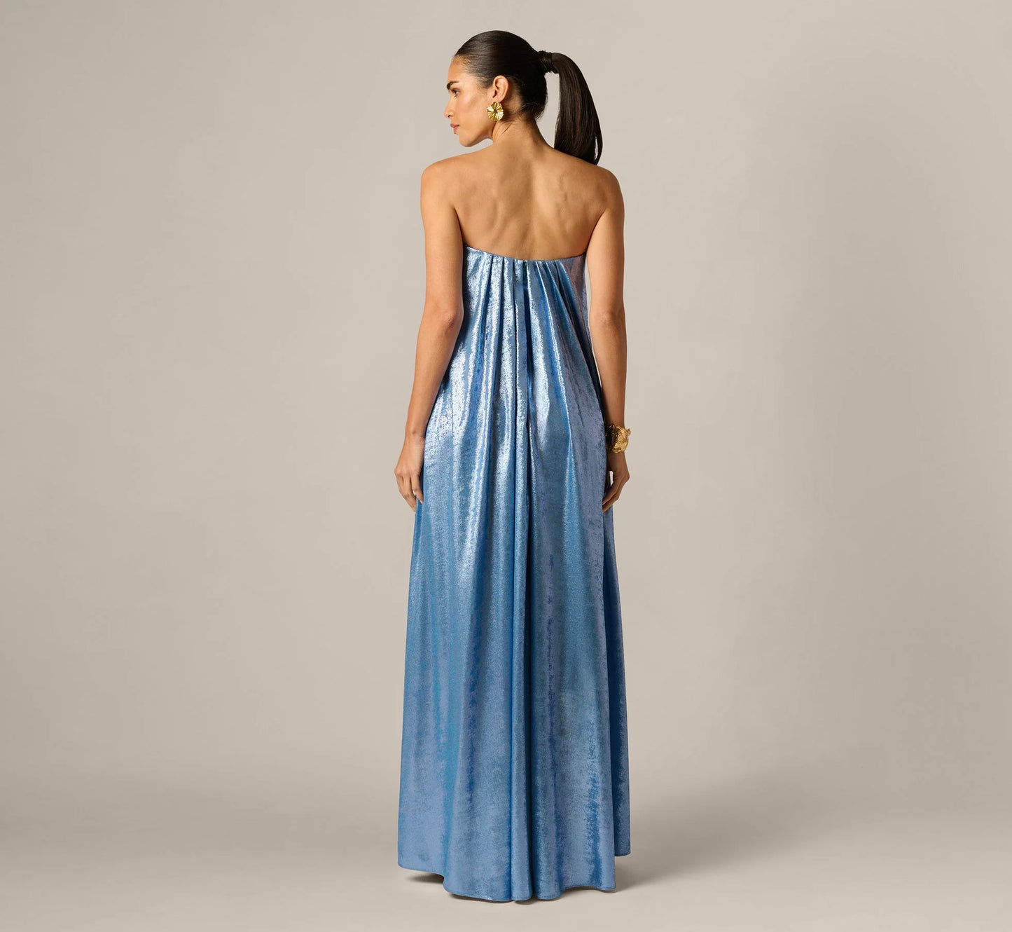 Strapless Foil Chiffon Trapeze Gown In Azure Blue