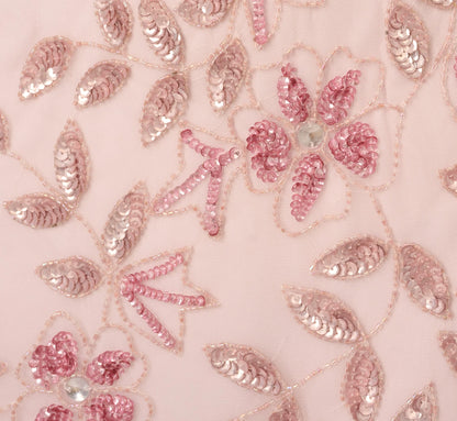 Hand Beaded Short Sleeve Floral Godet Gown In Blush Pink
