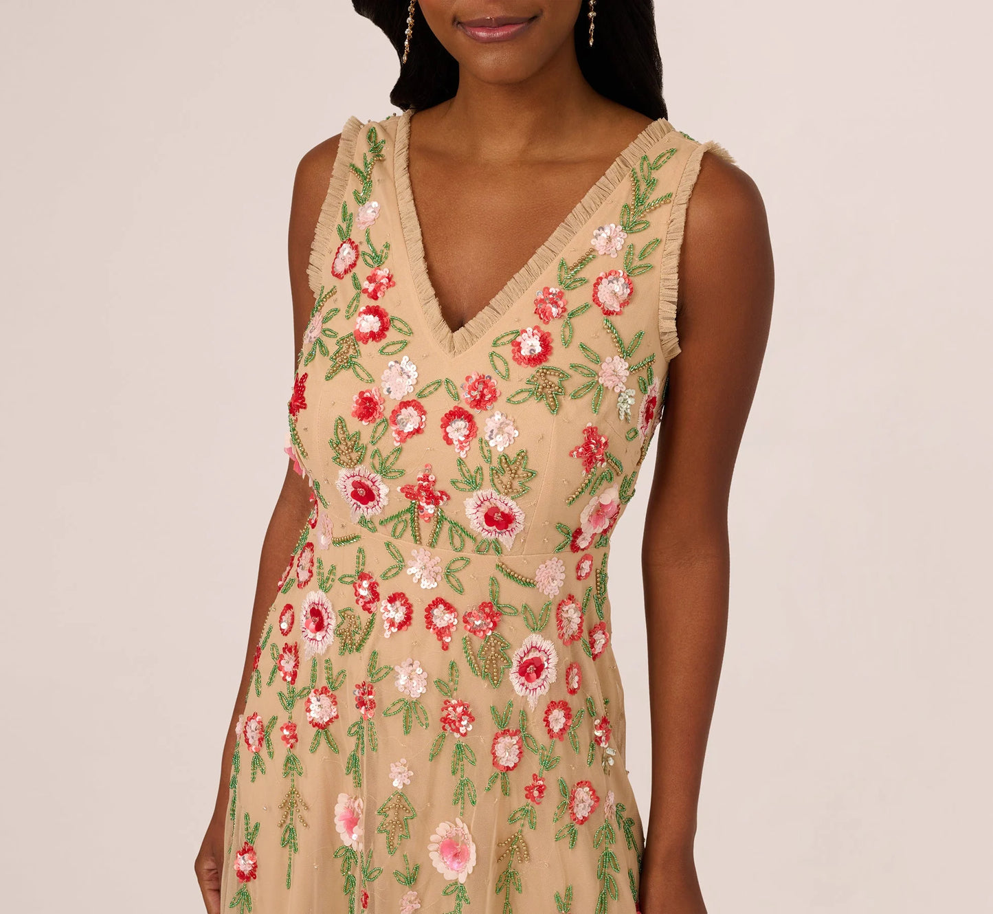 Sleeveless Fringe Trim Floral Bead Midi Dress In Nude Multi