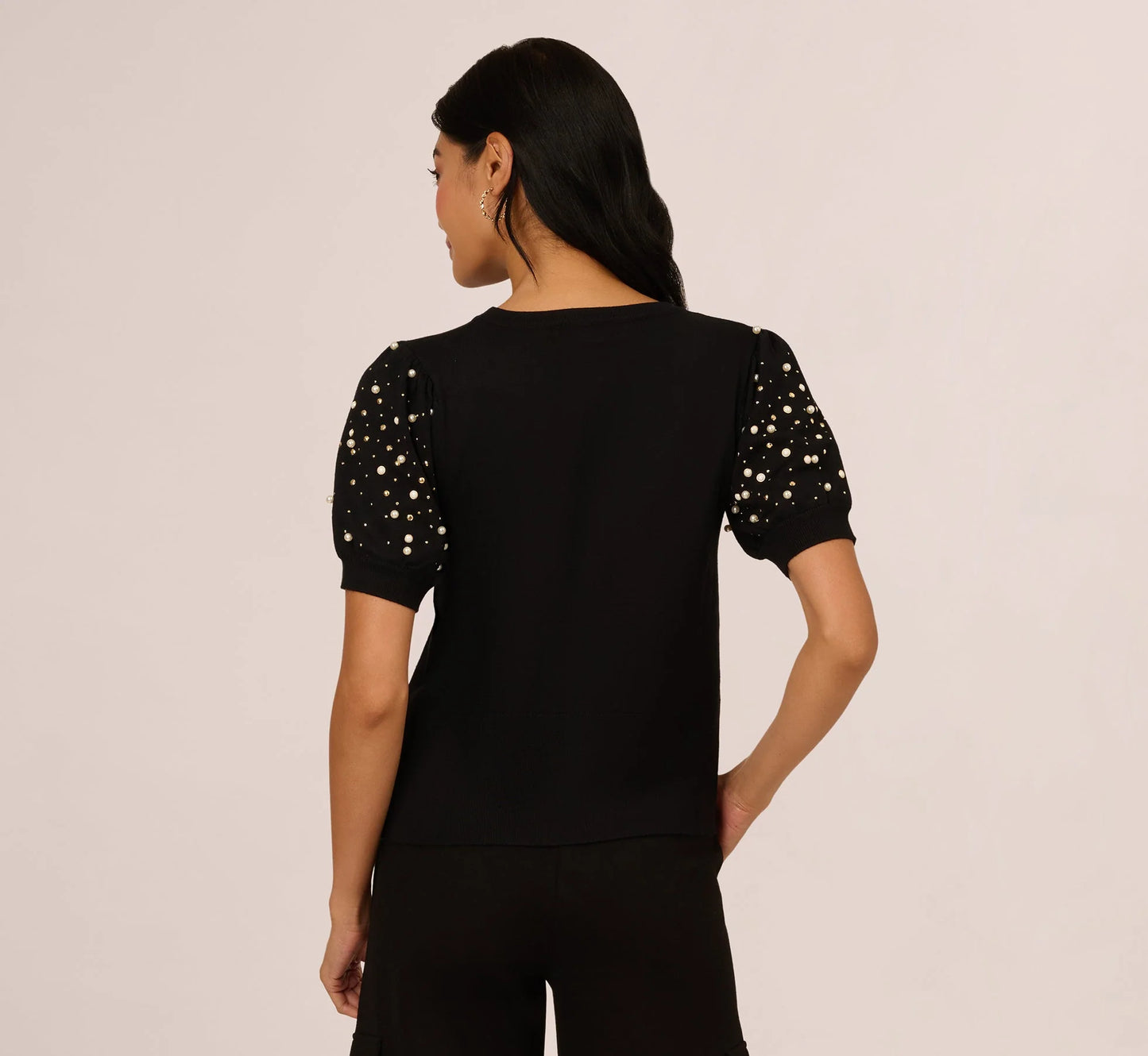 Puff Sleeve Pearly Embellished Sweater In Black