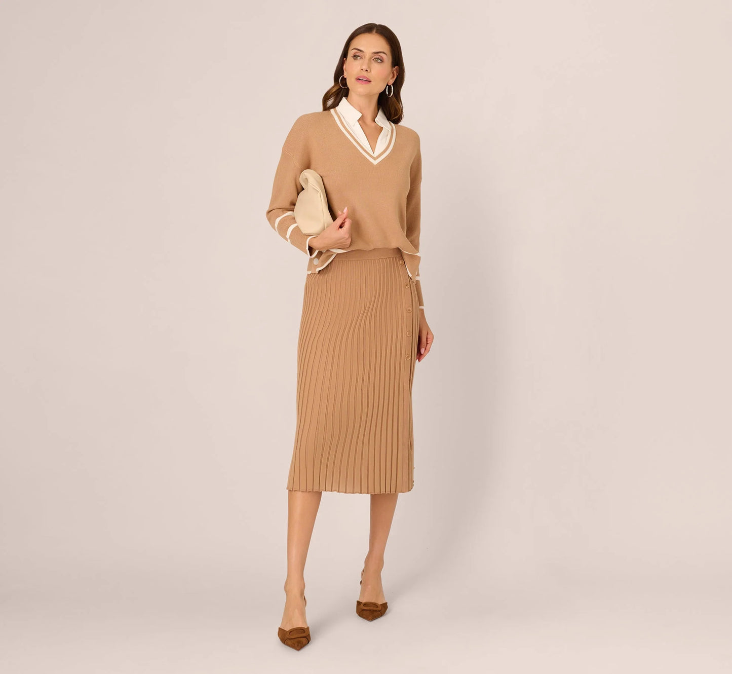 Long Sleeve Drop Shoulder Twofer Sweater In Golden Camel Ivory
