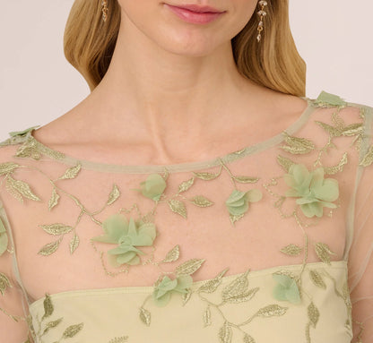 Bell Sleeve Floral Embroidered Illusion Sheath Dress In Sage Multi