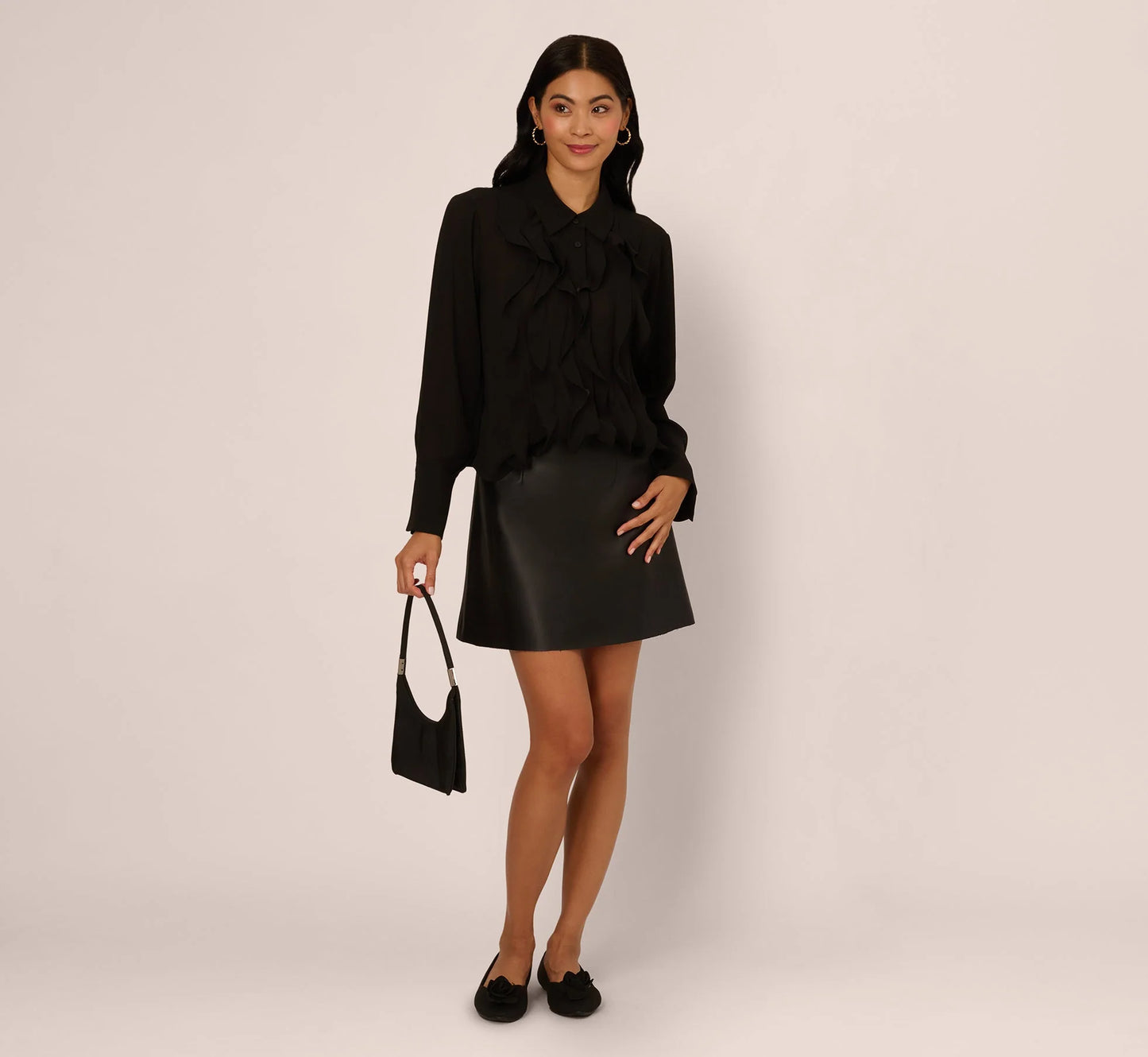 Long Sleeve Sheer Ruffle Front Blouse In Black
