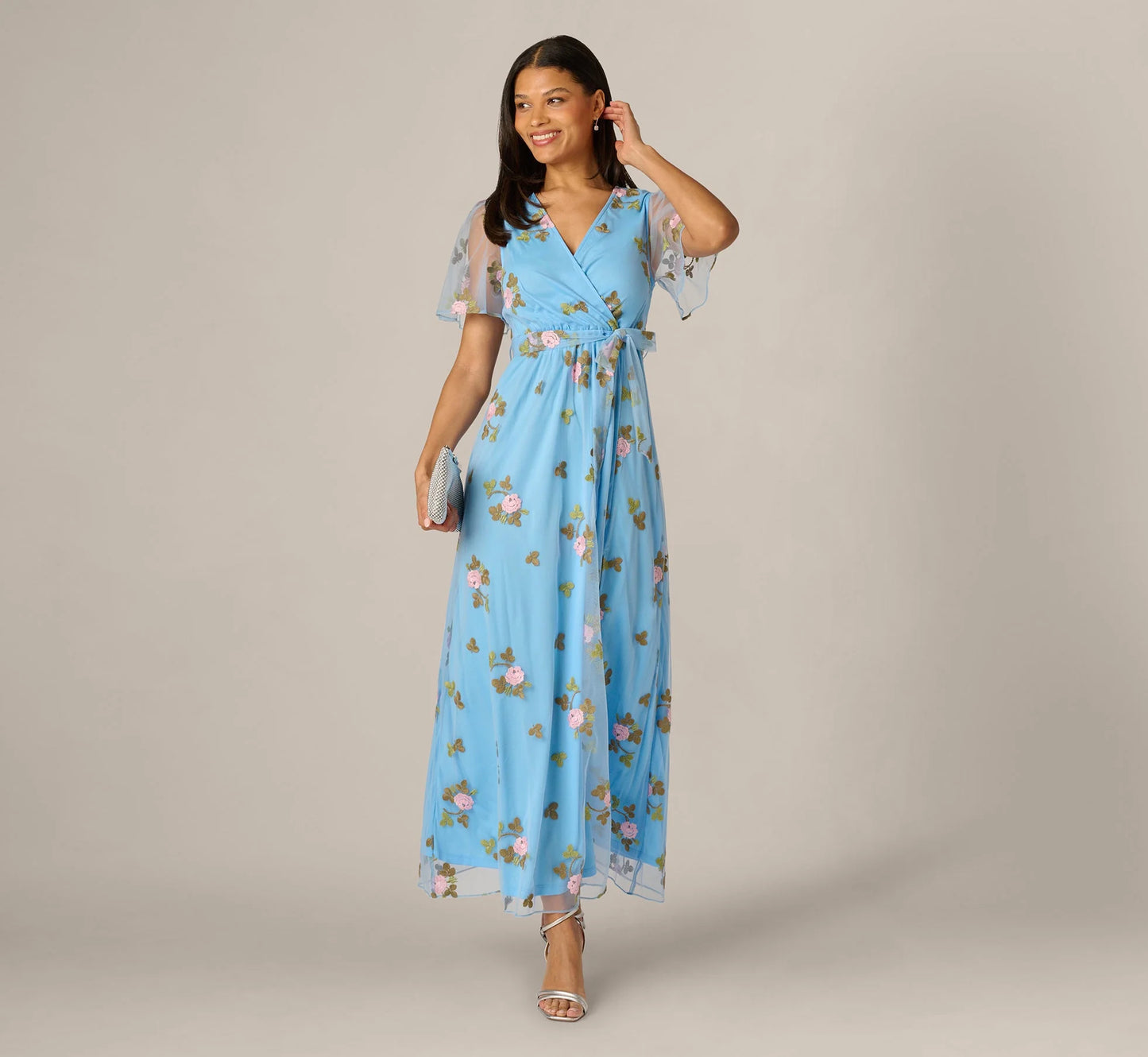 Floral Embroidered Maxi Dress With Sheer Flutter Sleeves In Light Blue Multi