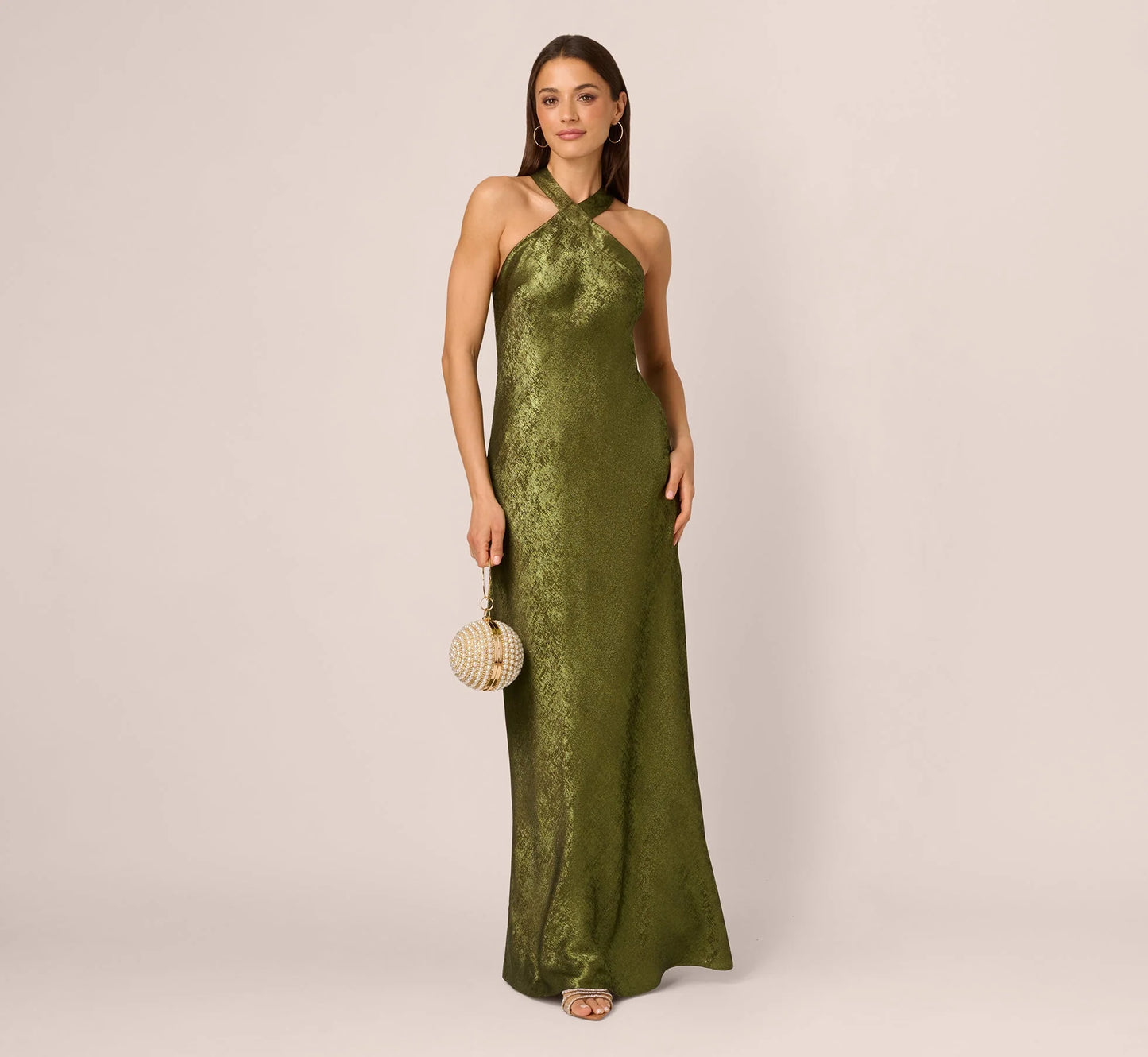 Foiled Mermaid Gown With Halter Neckline In Dark Olive