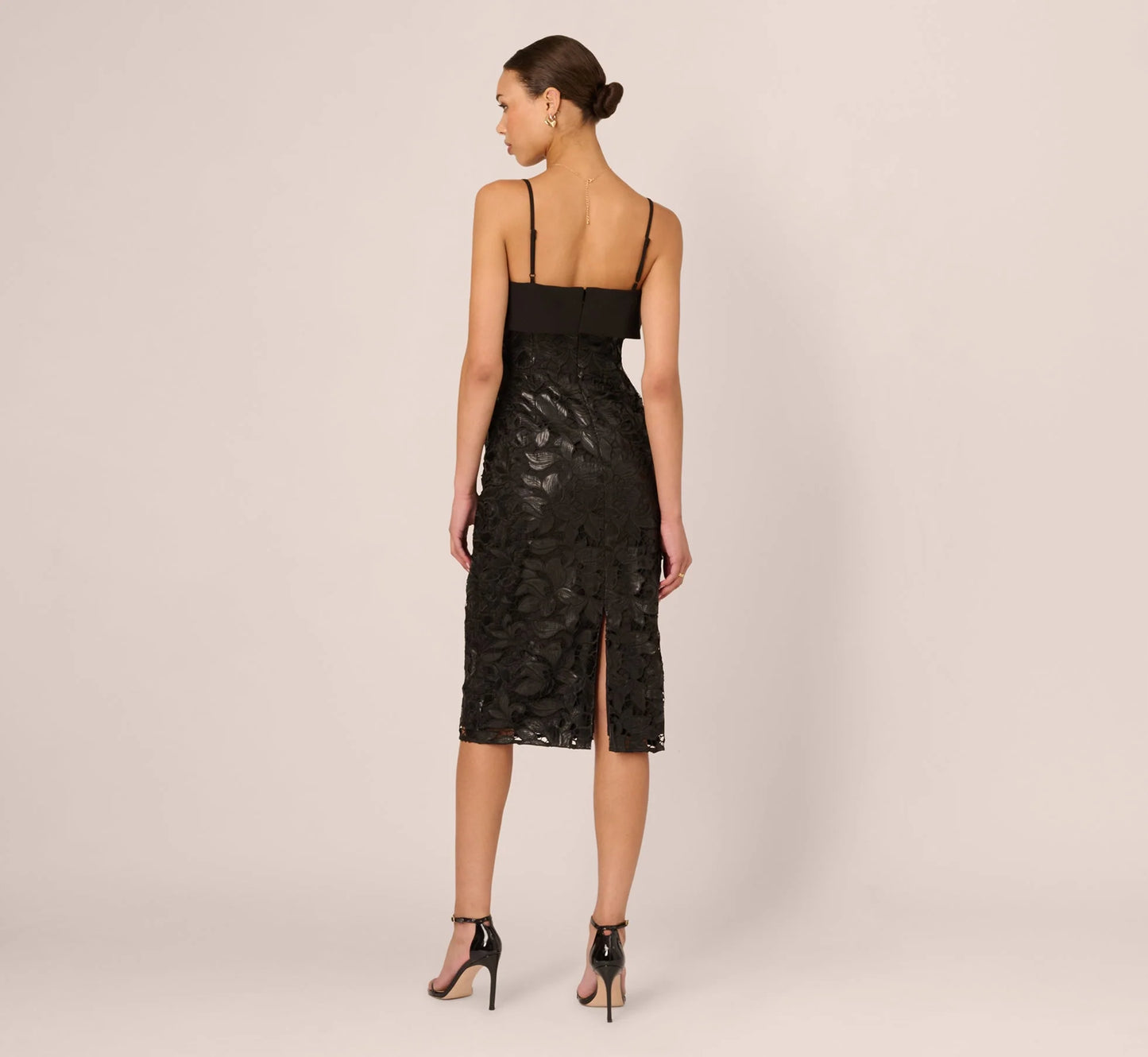 Faux Leather Cut Lace Midi Sheath Dress In Black