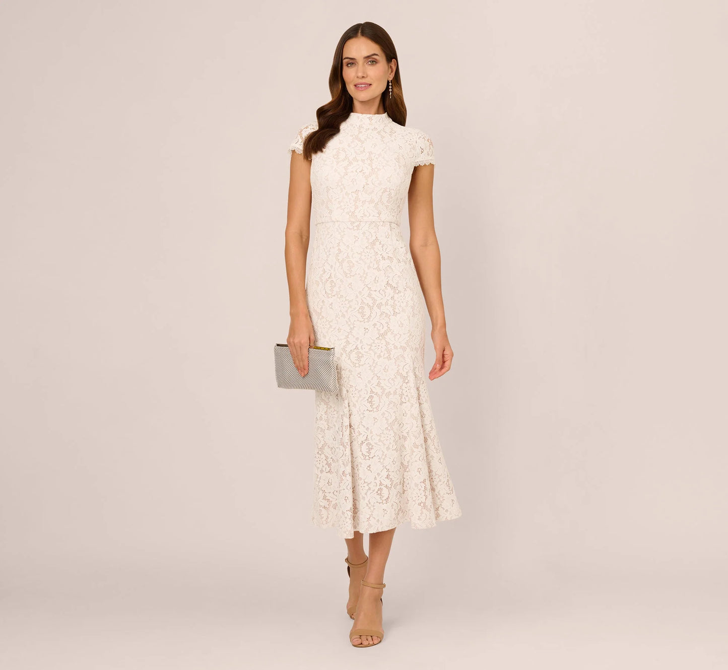 Cap Sleeve Lace Midi Dress In Ivory Nude
