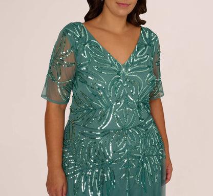 Plus Size Beaded Mesh Long Dress In Green Slate