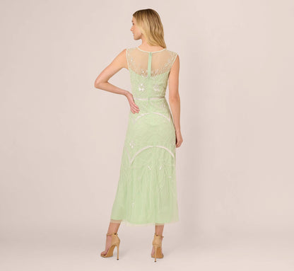 Beaded Ankle-Length Dress With Sheer Neckline In Aloe Mist Ivory