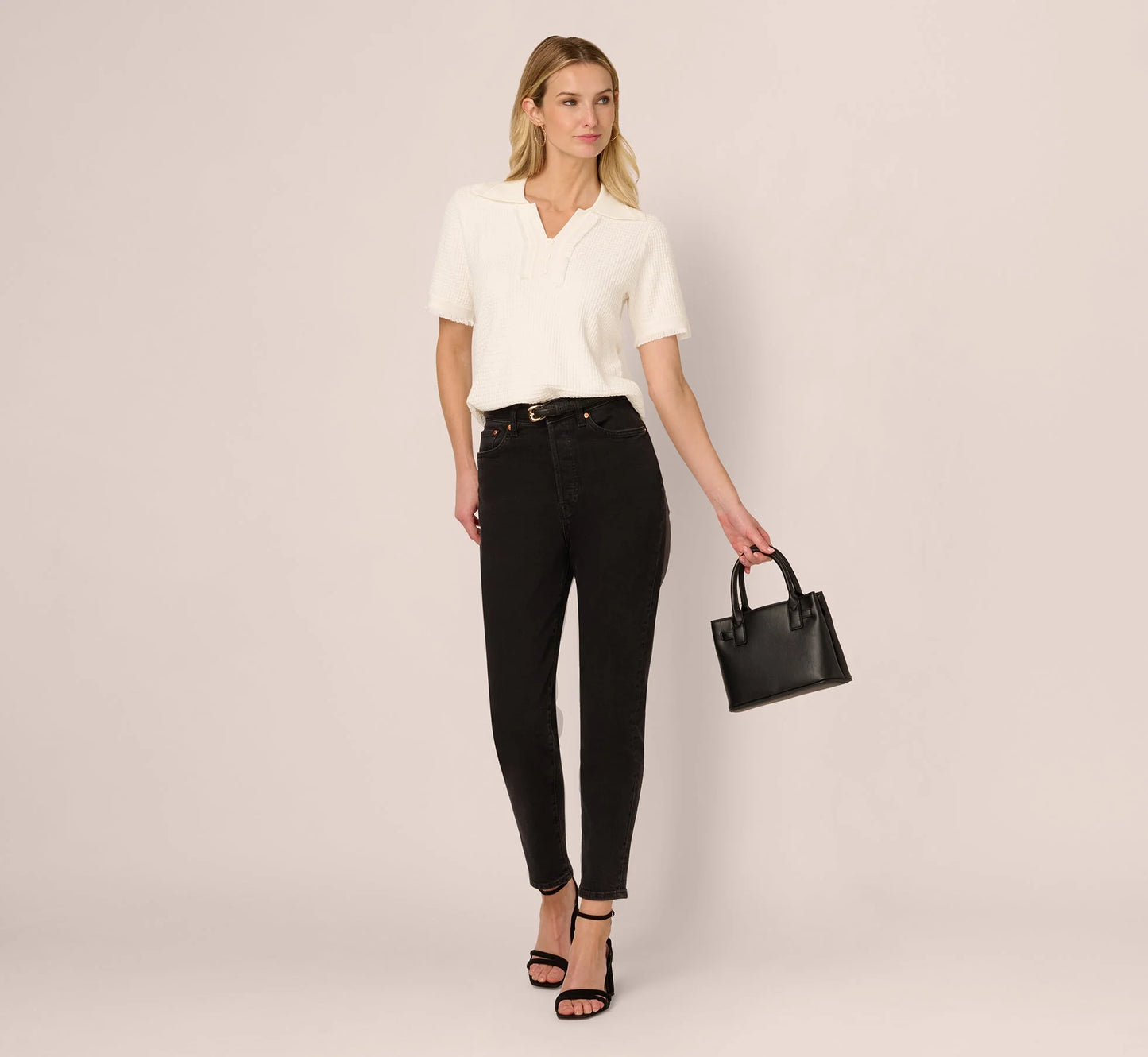 Short Sleeve Waffle Weave Polo Shirt In Ivory