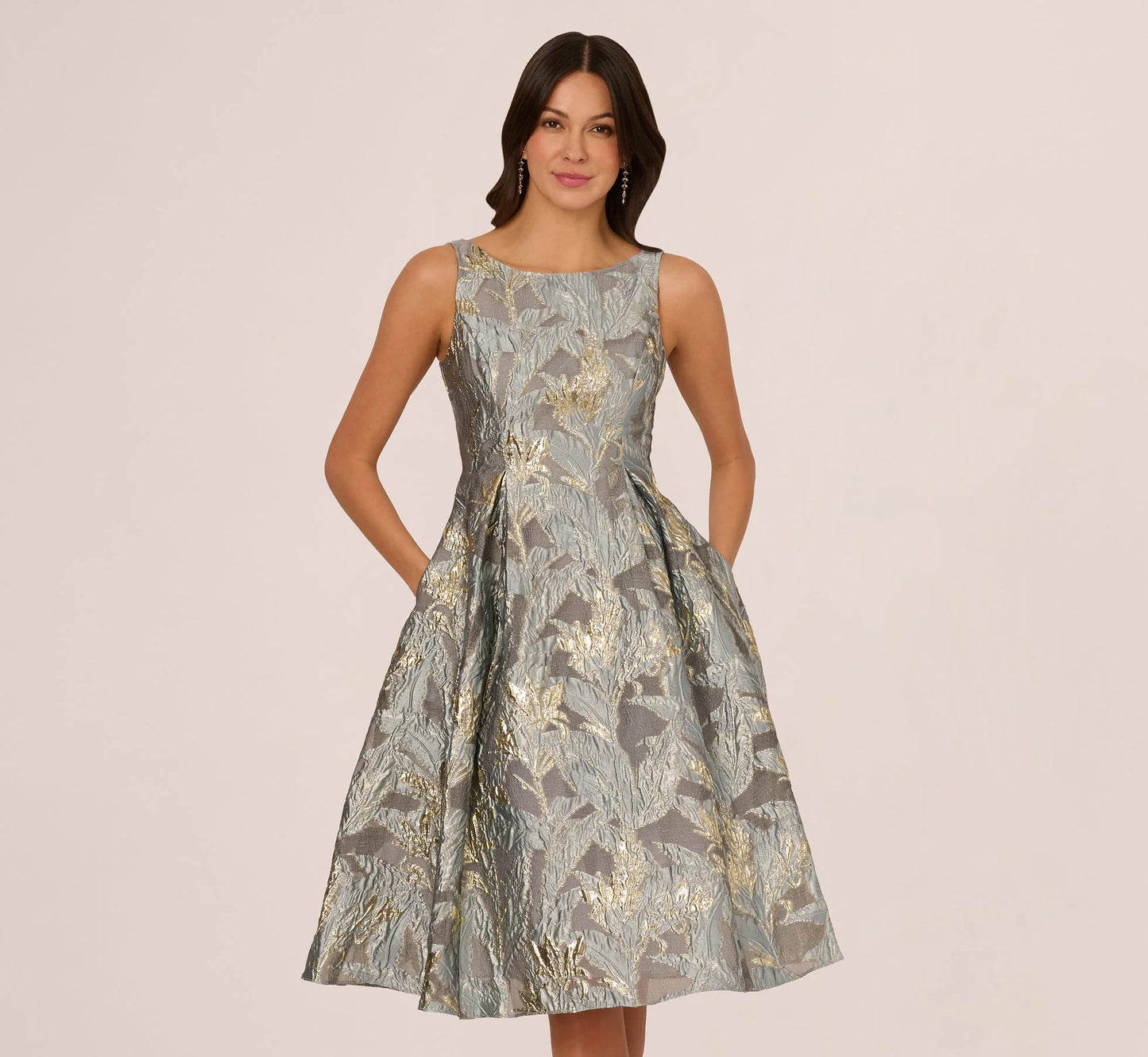 Tea Length Jacquard Dress With Sleeveless Bodic In Slate