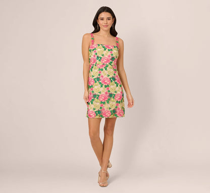 Sleeveless Floral Embroidery Short Sheath Dress In Pink Green Multi