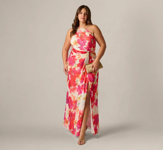 Plus Size One Shoulder Watercolor Floral Stripe Gown In Ivory Pink Multi