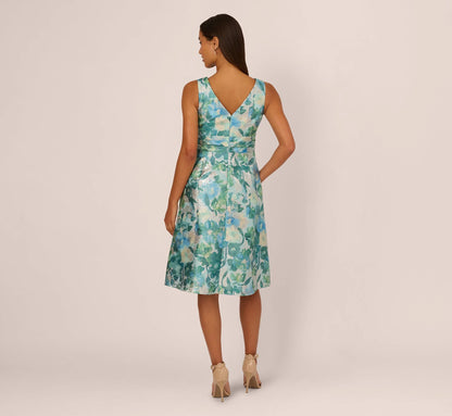 Metallic Floral Jacquard Midi Dress In Blue Multi