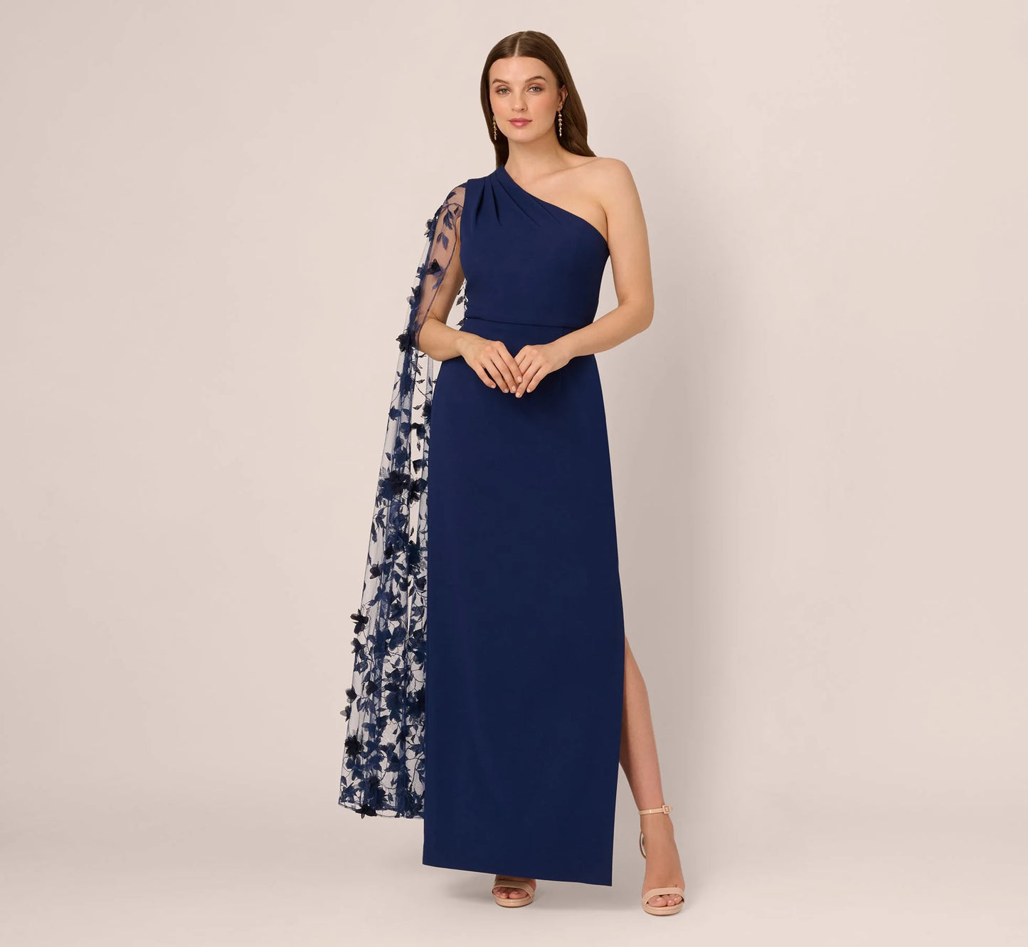 One Shoulder Floral Cape Sleeve Dress In Navy Sateen