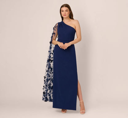 One Shoulder Floral Cape Sleeve Dress In Navy Sateen