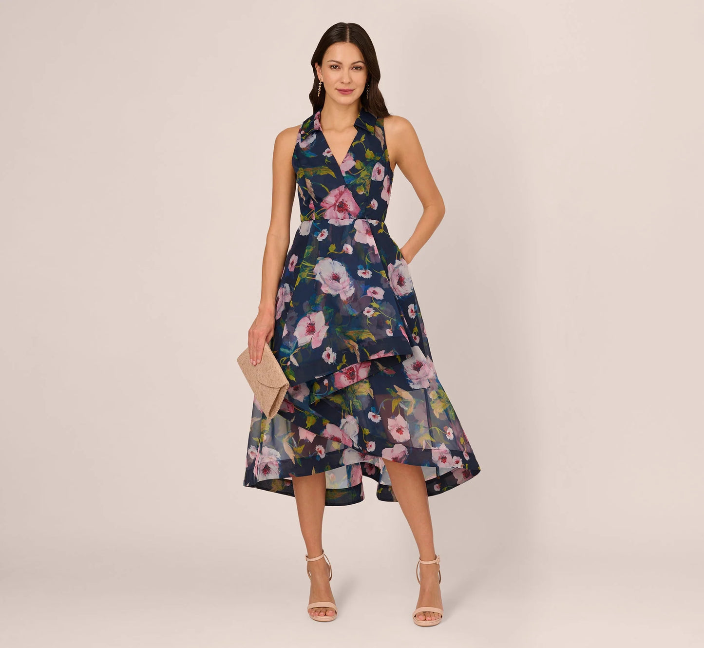 Floral Printed High Low Organza Halter Dress In Navy Multi
