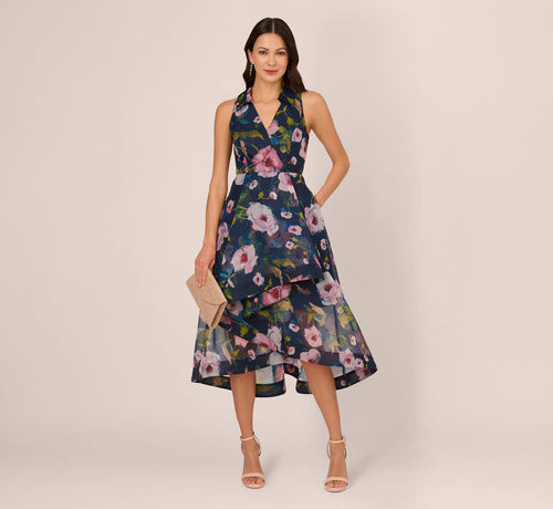 Floral Printed High Low Organza Halter Dress In Navy Multi