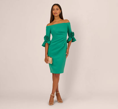 Off Shoulder Three Quarter Rosette Sleeve Cocktail Dress In Emerald
