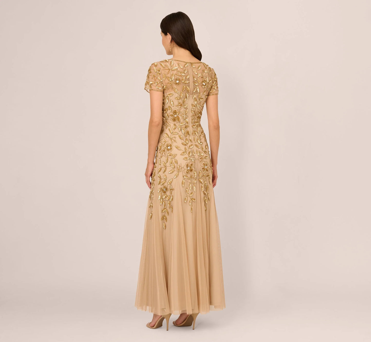 Hand Beaded Short Sleeve Floral Godet Gown In Champagne Gold