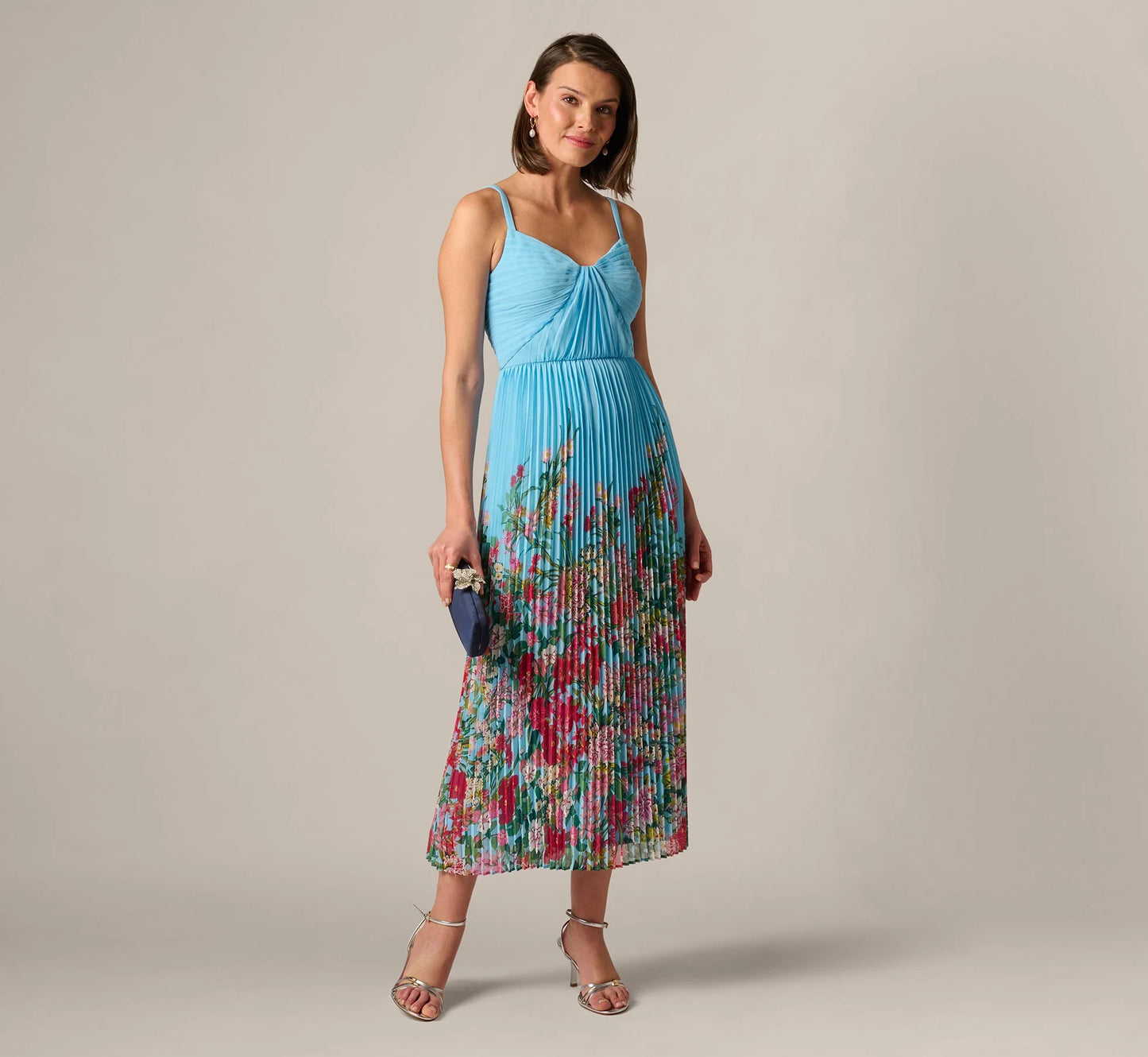 Pleated Wildflower Border Midi Dress In Light Blue Multi