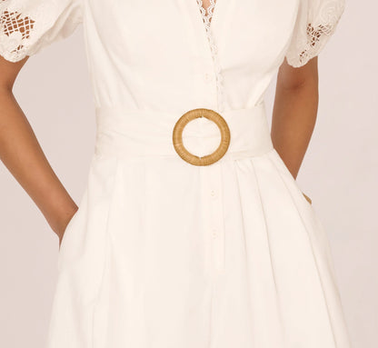 Puff Sleeve Cotton Lace Romper In Ivory