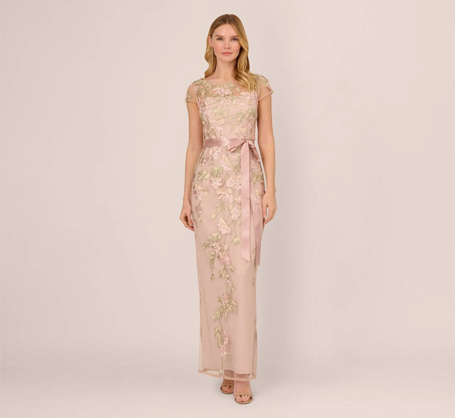 Short Sleeve Floral Embroidered Gown With Ribbon Tie Waist In Blush Nude Multi