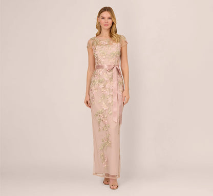 Short Sleeve Floral Embroidered Gown With Ribbon Tie Waist In Blush Nude Multi
