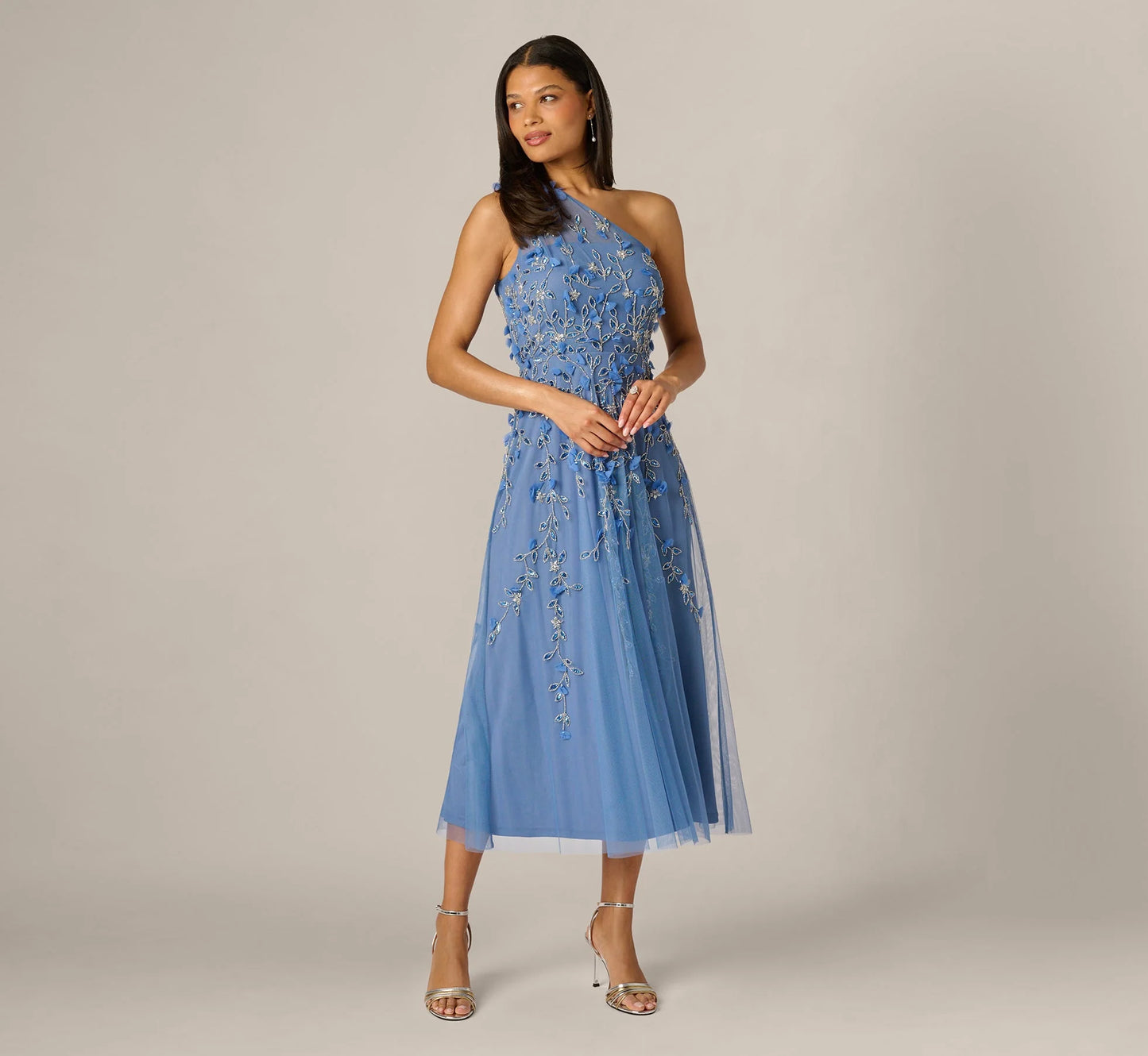 One Shoulder 3D Floral Beaded Ankle Dress In French Blue