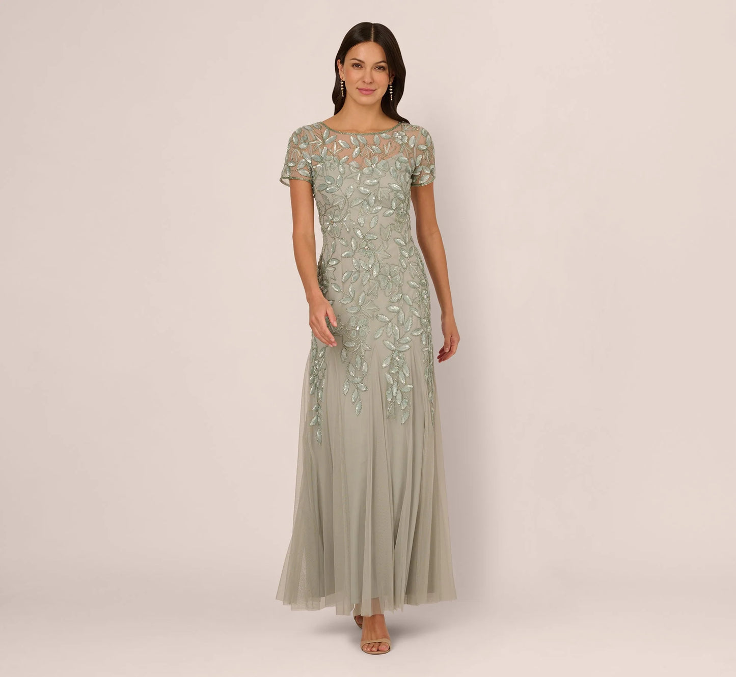 Hand Beaded Short Sleeve Floral Godet Gown In Frosted Sage