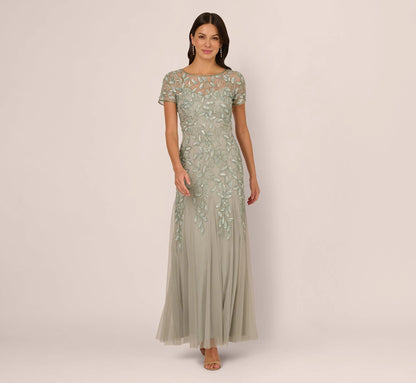 Hand Beaded Short Sleeve Floral Godet Gown In Frosted Sage