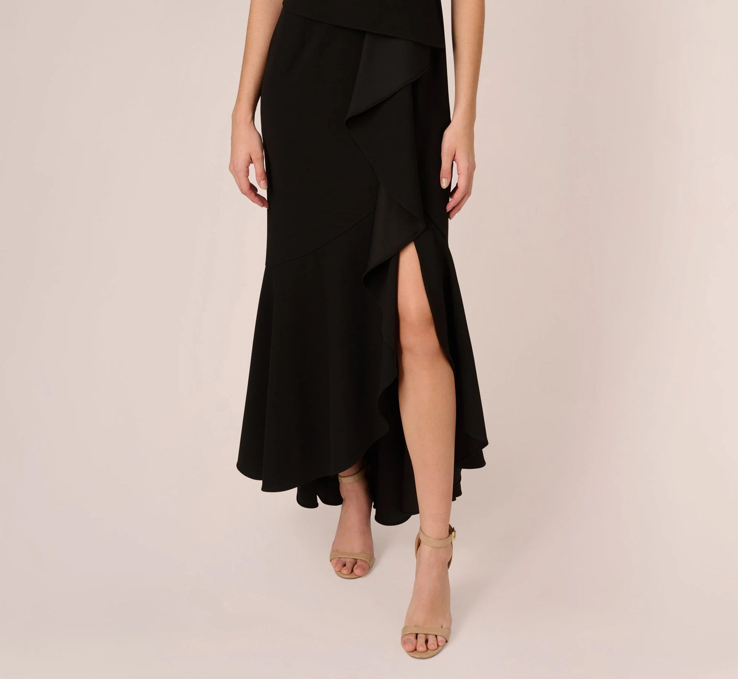 One Shoulder Ruffled Crepe Gown With Beaded Accent In Black
