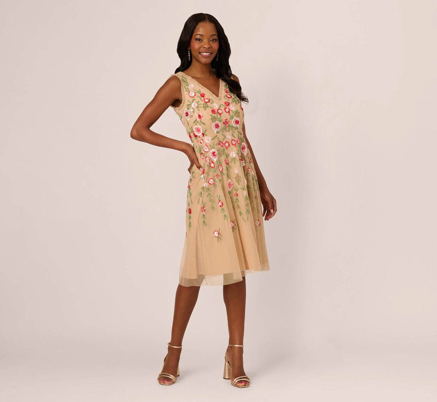 Sleeveless Fringe Trim Floral Bead Midi Dress In Nude Multi