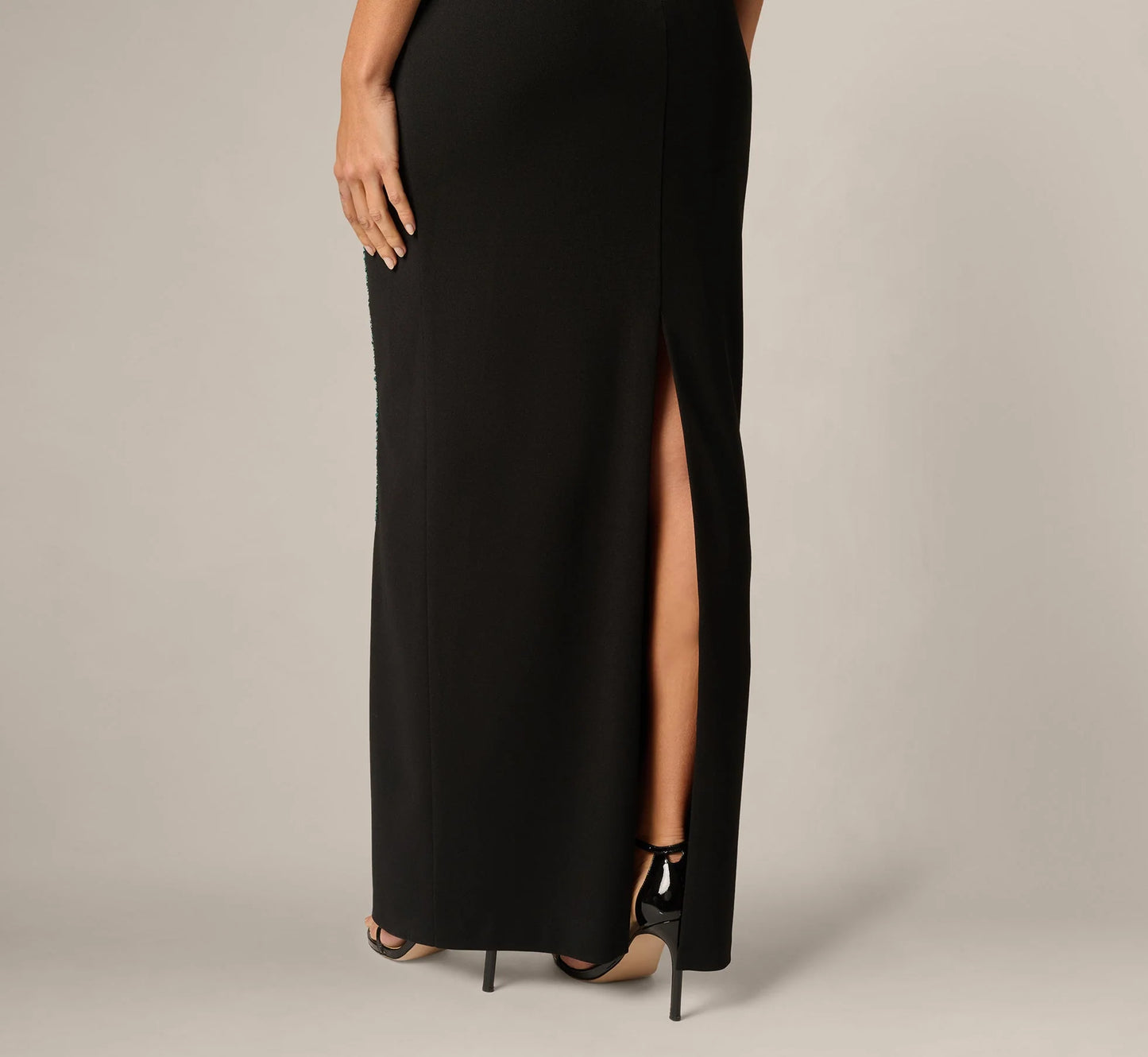 Strapless Beaded Placement Floral Gown In Black Multi