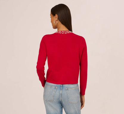 Rhinestone Pearly Cardigan Sweater In Haute Red