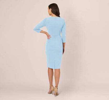 Three Quarter Sleeve Pleated Midi Dress With Tie Waist In Blue Mist