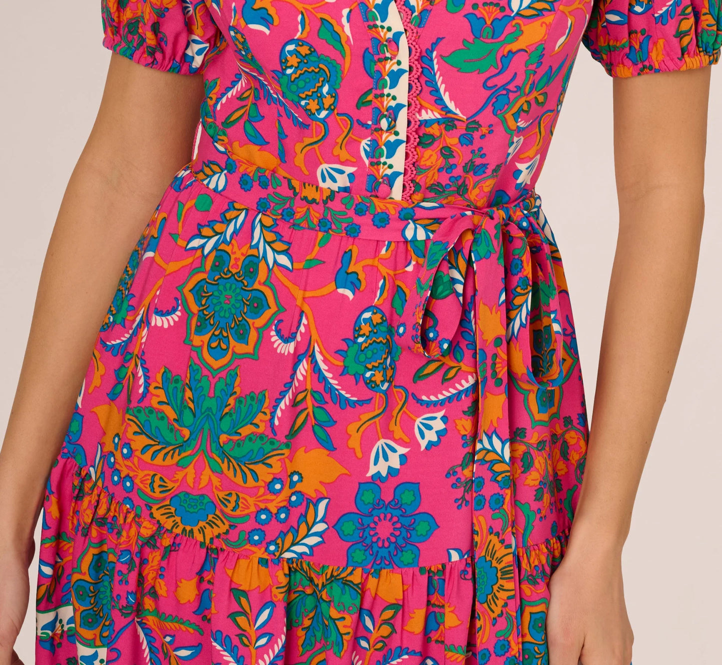 Puff Sleeve Retro Printed Short Dress In Hot Pink Multi