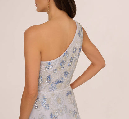 One Shoulder Beaded Mesh Gown In Serenity